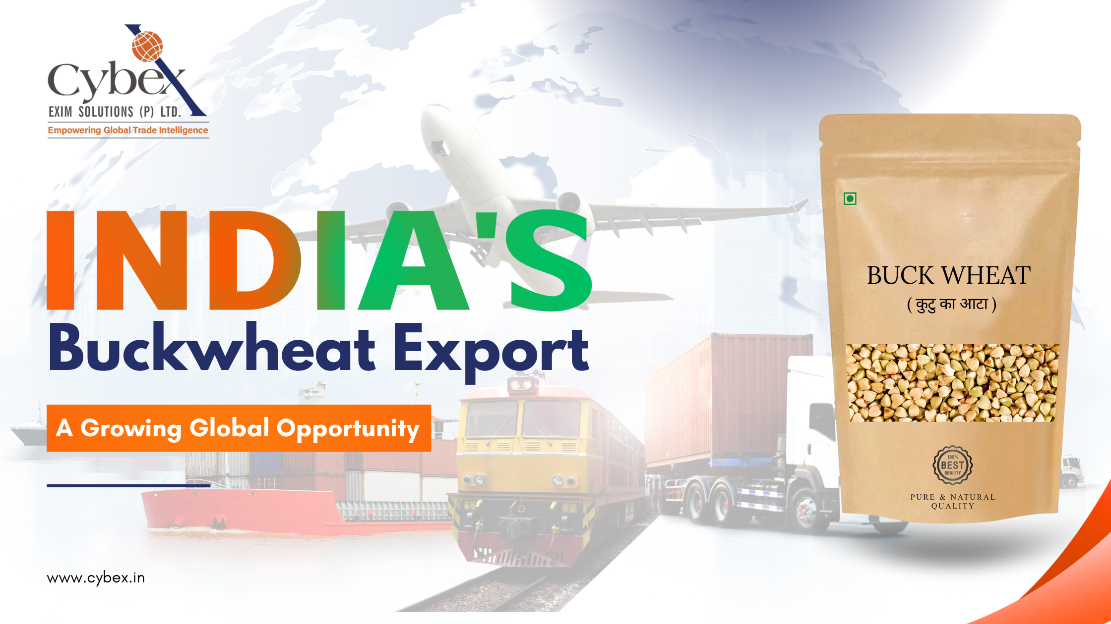 India’s Buckwheat Export – A Growing Global Opportunity with Cybex Exim Solutions showcasing trade insights, transportation, and premium buckwheat packaging.