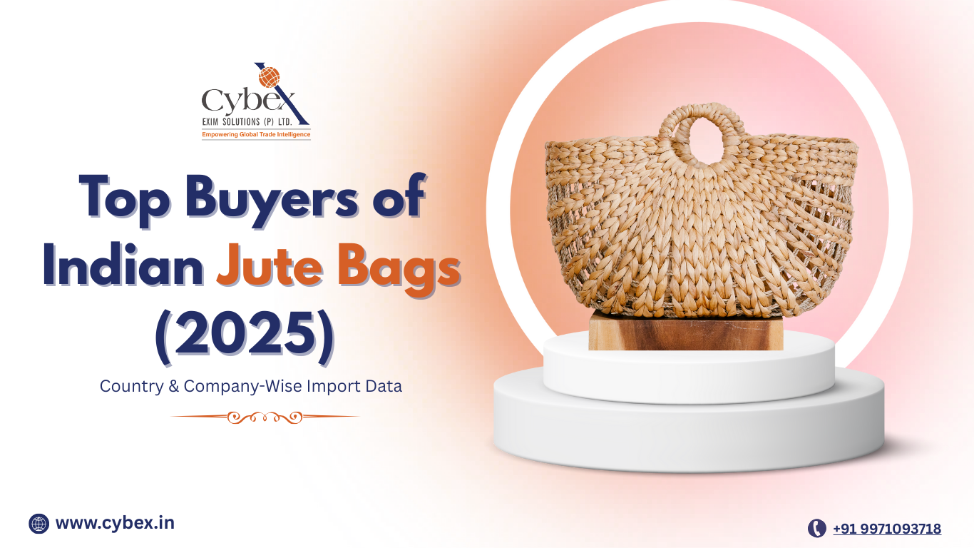 Top Buyers of Indian Jute Bags 2025 – Country & Company-Wise Import Data by Cybex Exim Solutions showcasing eco-friendly jute handbag on podium