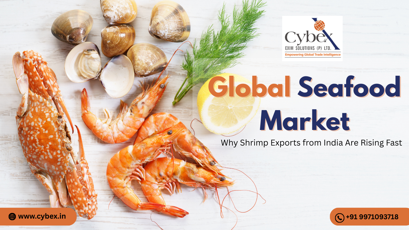 Global seafood market infographic highlighting rising shrimp exports from India, featuring crab, shrimp, clams, and garnish on a white wooden surface.