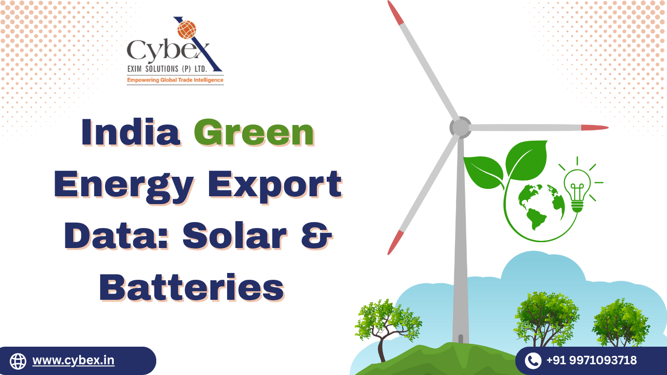 India Green Energy Export Data 2025 – Solar and Battery Market Insights by Cybex Exim Solutions showing wind turbine, eco-friendly symbols, and renewable energy growth.