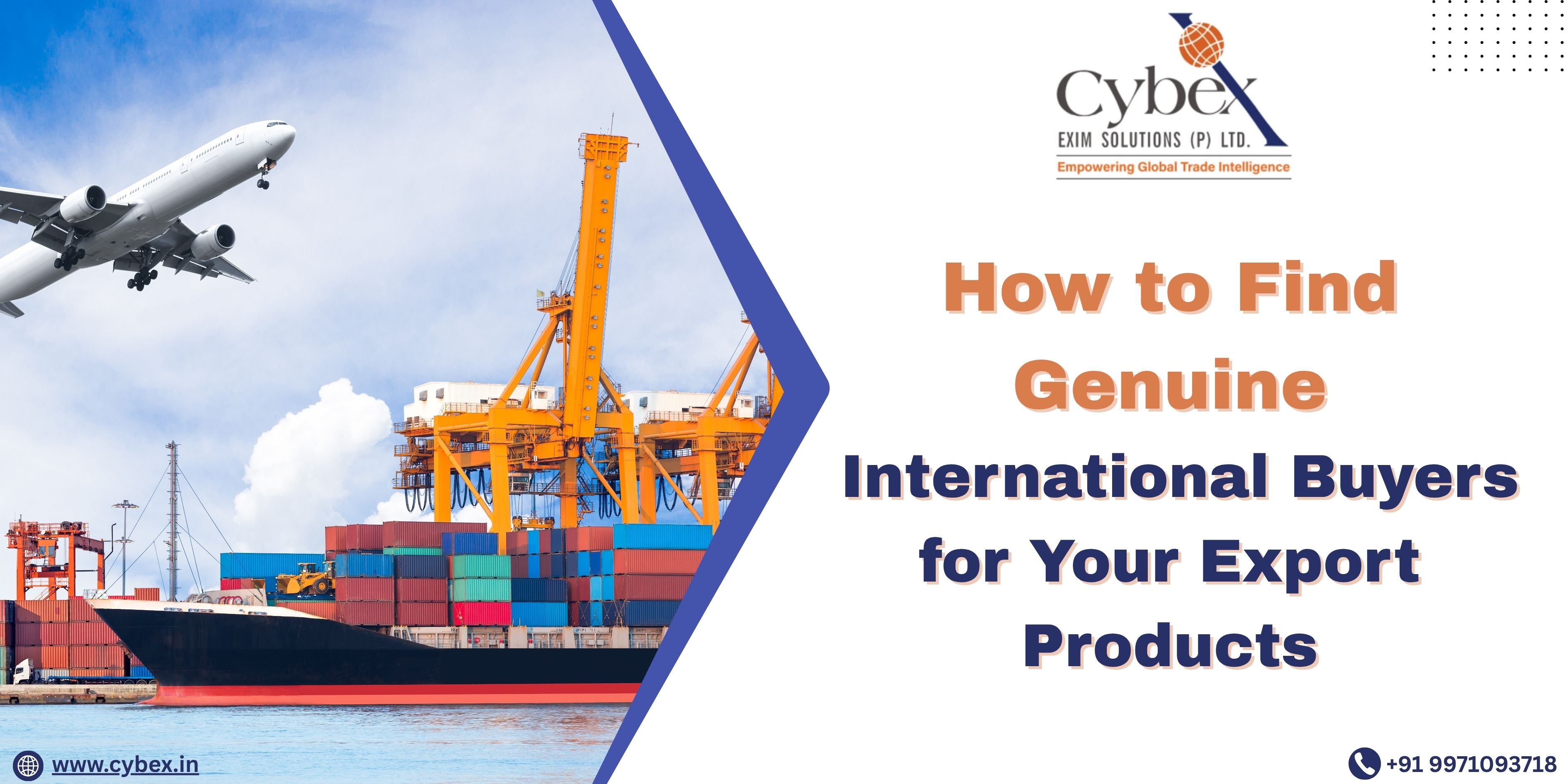 Cargo ship, airplane, and port cranes representing global trade with text “How to Find Genuine International Buyers for Your Export Products” by Cybex Exim Solutions.