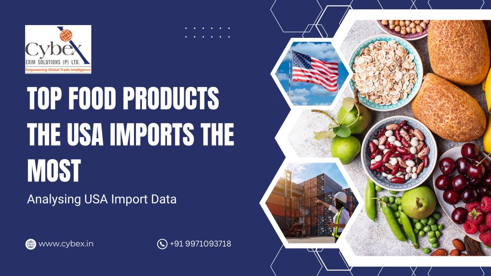 Top food products imported by the USA, featuring grains, fruits, beans, shipping containers, and the US flag.