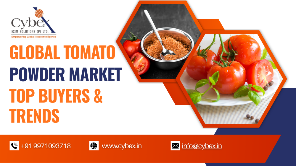 Global tomato powder market showing tomato powder, fresh tomatoes, top buyers, and international trade trends by Cybex Exim Solutions