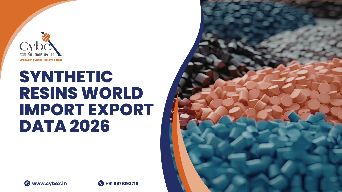 Synthetic resins pellets in multiple colors with text “Synthetic Resins World Import Export Data 2026” and Cybex Exim Solutions branding, representing global trade data and market analysis.