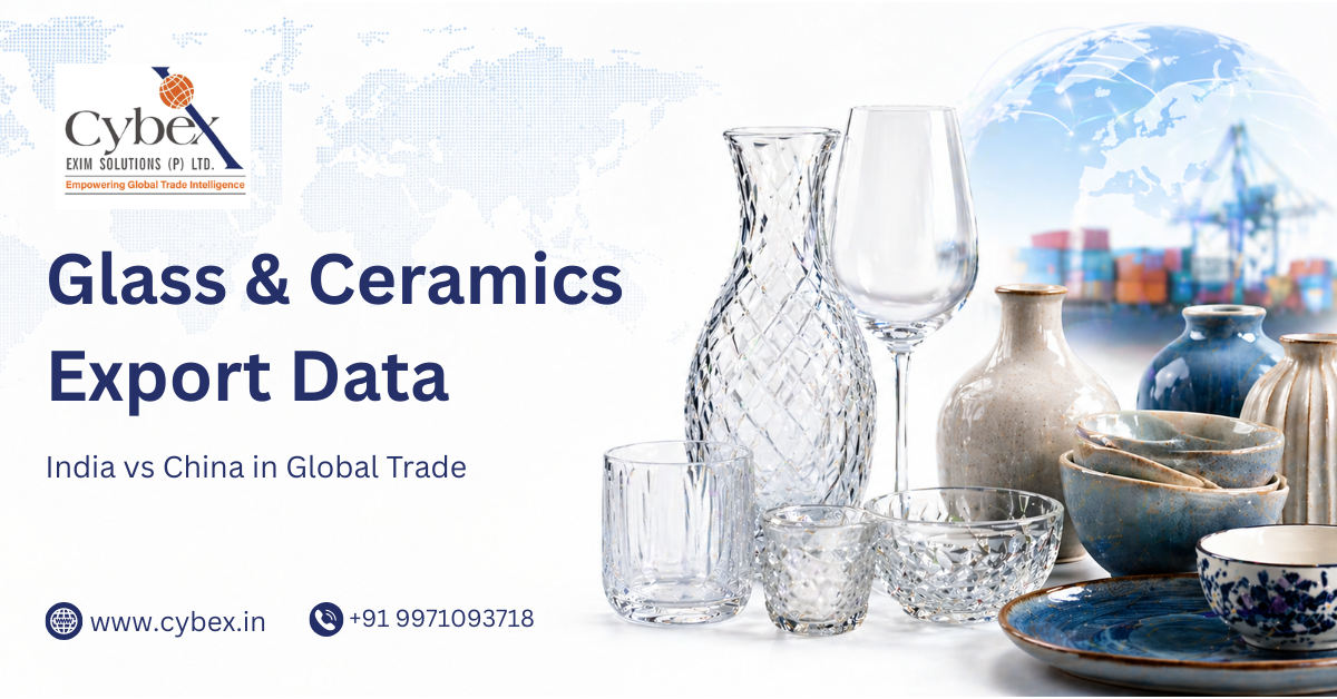 Glass and ceramics export data India vs China global trade comparison with glassware and ceramic products display and Cybex Exim Solutions branding.