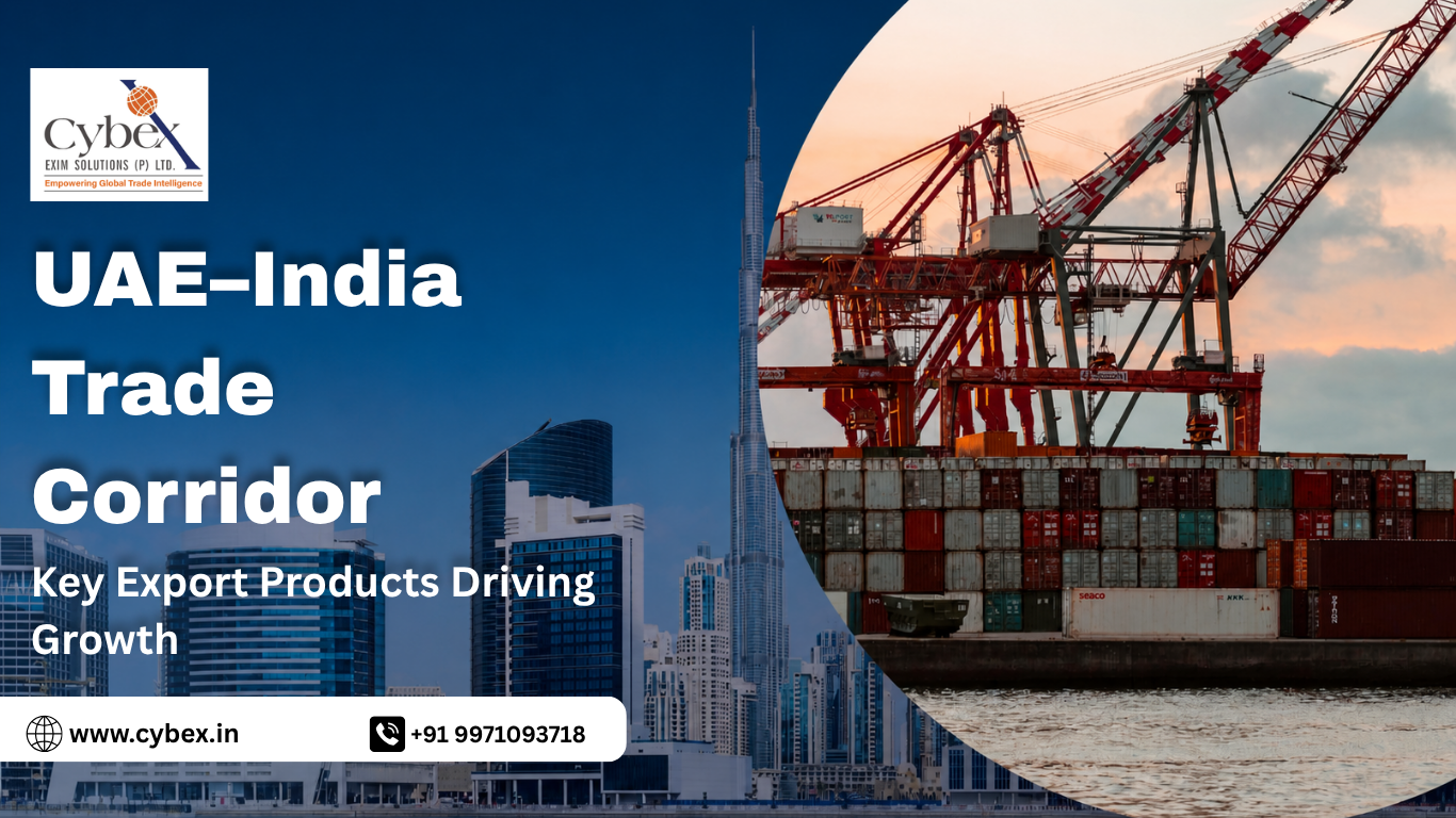 UAE–India trade corridor with Dubai skyline and cargo port cranes handling shipping containers, representing key export products driving trade growth between India and UAE.